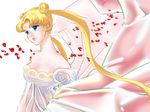  bad_id bad_pixiv_id bare_shoulders bishoujo_senshi_sailor_moon blonde_hair blue_eyes breasts cleavage colored_eyelashes crescent double_bun dress facial_mark forehead_mark highres long_hair medium_breasts motofuture petals princess_serenity rose_petals sash solo strapless strapless_dress tsukino_usagi twintails white_background 