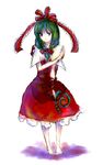  barefoot bow bowtie collar dress frills front_ponytail full_body green_eyes green_hair hair_bow kagiyama_hina looking_at_viewer red_bow red_dress red_neckwear shippori short_hair simple_background solo standing touhou white_background 