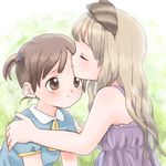  animal_ears blonde_hair brown_eyes brown_hair closed_eyes copyright_request forehead forehead_kiss kicham kiss long_hair multiple_girls short_hair tears yuri 