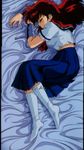  bed closed_eyes highres kneehighs long_hair lying magami_eiko midriff on_side project_a-ko project_a-ko_final red_hair school_uniform screencap sleeping socks solo torn_clothes 