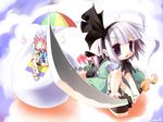  chibi hairband hat highres hitodama katana konpaku_youmu konpaku_youmu_(ghost) multiple_girls nagomi_tozakura pink_hair ribbon saigyouji_yuyuko sword touhou towel weapon white_hair 