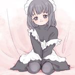  black_eyes black_hair blush copyright_request kicham long_hair maid pantyhose sitting smile solo thighhighs 