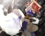  arm_up belt blue_dress dress dutch_angle expressionless floating geta ghost hitodama inuinui onozuka_komachi puffy_short_sleeves puffy_sleeves red_eyes red_hair shaded_face short_sleeves solo standing tabi touhou white_legwear 