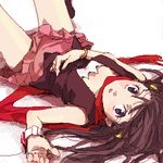  artist_request bangle bracelet brown_eyes brown_hair hikari_(pokemon) jewelry long_hair lowres lying oekaki on_back pokemon poketch red_scarf scarf simple_background skirt solo watch white_background wristwatch 