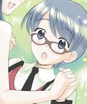  :o black_neckwear blue_eyes blue_hair brown-framed_eyewear collared_shirt girl_on_top glasses kazuto_izumi lowres multiple_girls necktie open_mouth original school_uniform shirt shoes solo_focus upper_body white_shirt yuri 