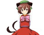  animal_ears arms_behind_back bow bowtie brown_hair cat_ears cat_tail chen face gin'ichi_(akacia) hat looking_at_viewer multiple_tails red_eyes simple_background smile solo tail touhou 
