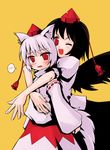  albino animal_ears black_hair black_wings blush detached_sleeves hat hug inubashiri_momiji kashiwagi_kazuhiro multiple_girls one_eye_closed red_eyes shameimaru_aya touhou white_hair wings wolf_ears 