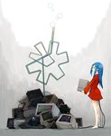  bad_id bad_pixiv_id barefoot blue_hair broken bubble cable hrd junk long_hair original solo television 