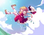  \o/ ana_(rznuscrf) arms_up blonde_hair bobby_socks cloud day flandre_scarlet hat hat_removed headwear_removed jumping midair one_side_up open_mouth outstretched_arms red_eyes short_sleeves skirt sky socks solo touhou wings 