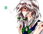  blood braid gameplay_mechanics hair_ribbon injury izayoi_sakuya maid_headdress red_eyes ribbon shippori short_hair silver_hair simple_background sleeveless solo torn_clothes touhou 