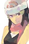  artist_request beanie black_hair faux_traditional_media hat hikari_(pokemon) pink_eyes pokemon red_scarf scarf simple_background solo white_background 
