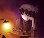  book bow crescent desk_lamp expressionless frills hair_bow hat holding holding_book lamp long_hair long_sleeves low-tied_long_hair mob_cap open_book patchouli_knowledge reading red_bow shippori solo touhou upper_body 