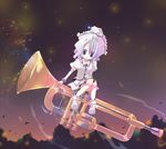  :o ana_(rznuscrf) beamed_eighth_notes blue_eyes hat instrument lavender_hair looking_down merlin_prismriver minigirl musical_note oversized_object purple_eyes short_hair sitting sitting_on_object sixteenth_note solo touhou trumpet 