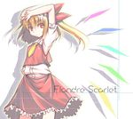  bangs blonde_hair character_name eyebrows_visible_through_hair flandre_scarlet frilled_sleeves frills hat mizoguchi_keiji necktie one_side_up puffy_short_sleeves puffy_sleeves red_eyes red_skirt shadow shirt short_sleeves skirt skirt_set solo thumbs_down touhou white_background white_shirt wings yellow_neckwear 