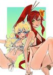  :q barefoot bikini blonde_hair blue_eyes breasts cleavage holding_hands kito_(coyo) medium_breasts multiple_girls nia_teppelin red_hair small_breasts swimsuit tengen_toppa_gurren_lagann tongue tongue_out yellow_eyes yoko_littner 