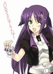  ;d armor belt blush boshinote breastplate buckle cowboy_shot fingerless_gloves ginga_nakajima gloves green_eyes long_hair looking_at_viewer lyrical_nanoha mahou_shoujo_lyrical_nanoha_strikers one_eye_closed open_mouth purple_hair simple_background smile solo very_long_hair white_background white_gloves 