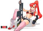  bikini_top elbow_gloves fingerless_gloves gloves gun highres long_hair ponytail red_hair short_shorts shorts solo takeshi tengen_toppa_gurren_lagann thighhighs weapon yellow_eyes yoko_littner 