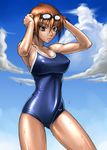  bang-you breasts brown_eyes brown_hair covered_nipples goggles kashiwagi_azusa kizuato large_breasts muscle one-piece_swimsuit school_swimsuit shiny shiny_skin short_hair solo standing swimsuit tan wet 