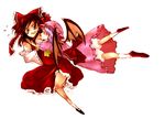  :d bat_wings bow dimples_of_venus dress flying full_body hair_bow hair_tubes hakurei_reimu hug multiple_girls open_mouth pink_dress puffy_short_sleeves puffy_sleeves red_bow red_dress remilia_scarlet shippori short_sleeves sidelocks smile touhou white_background wings yuri 