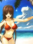  beach bikini bob_(biyonbiyon) breasts brown_eyes brown_hair cleavage day large_breasts long_hair looking_at_viewer open_mouth original outdoors red_bikini smile solo swimsuit 