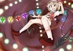  :d ascot bad_id bad_pixiv_id blonde_hair blush brown_background brown_footwear clenched_hand convenient_leg danmaku eyebrows_visible_through_hair flandre_scarlet from_below full_body glowing hand_up hat hat_ribbon hayate_(higan_sakura) kneehighs laevatein legs_apart loafers looking_at_viewer mob_cap no_panties open_mouth puffy_short_sleeves puffy_sleeves red_eyes red_skirt red_vest ribbon shoes short_sleeves skirt smile solo touhou upskirt vest white_legwear wings 