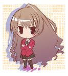  aisaka_taiga brown_eyes brown_hair checkered checkered_background chibi crossed_arms long_hair noumiso_hoehoe oohashi_high_school_uniform school_uniform solo thighhighs toradora! very_long_hair 