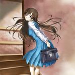  blue_dress blue_eyes buckle dress from_behind hallway holding indoors long_hair long_sleeves looking_at_viewer looking_back morisu pleated_dress school_uniform serafuku solo stairs standing true_tears very_long_hair yuasa_hiromi 