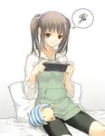  bike_shorts brown_eyes brown_hair dasoku_sentarou handheld_game_console monster_hunter original pig playing_games playstation_portable poogie shorts sitting solo spoken_squiggle squiggle twintails video_game 