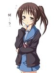  brown_eyes brown_hair cardigan dekosuke genderswap genderswap_(mtf) kita_high_school_uniform kyonko ponytail school_uniform serafuku solo suzumiya_haruhi_no_yuuutsu 