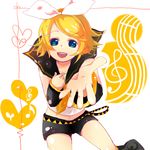  blonde_hair blue_eyes detached_sleeves hair_ornament hairclip hashimochi kagamine_rin ribbon short_hair shorts smile solo vocaloid 