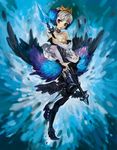  armor armored_dress bad_id bad_pixiv_id bare_shoulders blonde_hair blue blue_background choker crown detached_sleeves dress grey_eyes gwendolyn low_wings odin_sphere polearm short_hair silver_hair solo spear strapless strapless_dress tomatika weapon wings 