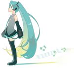  beamed_eighth_notes blue_hair detached_sleeves eighth_note from_side hatsune_miku hayato_(meromoni) long_hair looking_at_viewer looking_to_the_side musical_note solo staff_(music) thighhighs twintails very_long_hair vocaloid zettai_ryouiki 