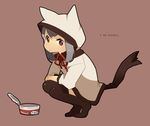  animal_ears animal_hood can cat_hood fish food hayato_(meromoni) hood original red_eyes silver_hair solo squatting tail thighhighs 