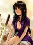  bad_id bad_pixiv_id black_eyes black_hair breasts cleavage fire_emblem kito_(coyo) large_breasts lips sitting solo sword weapon wet wet_hair 