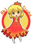  aki_shizuha blonde_hair brown_eyes character_name chibi dress hair_ornament kunreishiki leaf leaf_hair_ornament maple_leaf michii_yuuki short_hair smile socks solo touhou 