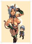  1girl animal_ears bad_id bad_pixiv_id belt blush boots breasts choker cleavage curvy fangs final_fantasy final_fantasy_xi fingerless_gloves gloves kishizuka_kenji large_breasts mithra silver_hair tail thigh_boots thighhighs 