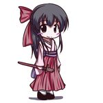  black_hair bow brown_hair chibi fictional_sister full_body geta hair_bow hakama holding holding_sword holding_weapon japanese_clothes long_sleeves looking_at_viewer miko okobo pink_bow red_bow red_hakama sakura_taisen sheath sheathed shinguuji_sakura short_hair sidelocks simple_background solo standing sword weapon white_background 