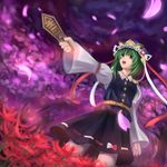  bad_id bad_pixiv_id bow cherry_blossoms dutch_angle flower green_eyes green_hair hat kannagara_kanagi night petals pointing ribbon rod_of_remorse shiki_eiki skirt solo spider_lily touhou tree 