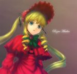  :o blonde_hair blush bonnet bow bowtie brown_background capelet dress drill_hair frills green_bow green_eyes green_neckwear long_hair looking_at_viewer parted_lips red_capelet red_dress rozen_maiden shinku shouhei sidelocks simple_background solo twin_drills twintails 