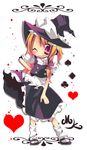  :d ana_(rznuscrf) blonde_hair bow braid club_(shape) hair_bow hand_on_hip hat heart kirisame_marisa long_hair loose_socks mary_janes one_eye_closed open_mouth red_eyes shoes side_braid smile socks solo standing touhou witch_hat 