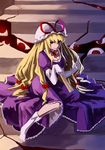  blonde_hair bow closed_fan crack fan folding_fan gap gloves hirosato red_eyes sitting sitting_on_stairs socks solo stairs touhou yakumo_yukari 