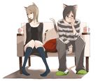  1girl animal_ears beard couch couple cup facial_hair food glasses heart hetero kneehighs knees_together_feet_apart knees_touching looking_away mouth_hold mug original pants phone pillow pocky shirt sitting slippers socks striped striped_shirt tail tansuke 