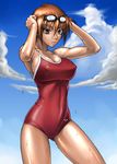  bang-you breasts brown_eyes brown_hair covered_nipples goggles kashiwagi_azusa kizuato large_breasts muscle one-piece_swimsuit shiny shiny_skin short_hair solo standing swimsuit tan wet 