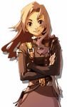  belt brown_eyes brown_hair copyright_request crossed_arms enami_katsumi grin leather long_hair smile solo strap 