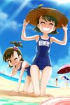  amami_haruka barefoot beach bottomless day flipped_hair futami_ami futami_mami hair_bobbles hair_ornament hat idolmaster idolmaster_(classic) idolmaster_live_for_you! kisaragi_chihaya multiple_girls name_tag nanakorobi one-piece_swimsuit one_eye_closed parasol school_swimsuit siblings sisters straw_hat sun_hat swimsuit twins umbrella 