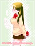  arms_behind_back artist_name blush bolze box copyright_request cowboy_shot gift gift_box glasses green_eyes green_hair grin holding holding_gift long_hair long_sleeves pleated_skirt profile school_uniform serafuku skirt smile solo sweat sweater valentine 