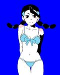  artist_request bikini black_hair blue_background blush_stickers bow gym_leader lowres multi-tied_hair oekaki pokemon pokemon_(game) pokemon_dppt simple_background solo suzuna_(pokemon) swimsuit twintails 