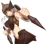  blush hat helmet kunai kusanagi_tonbo midriff oekaki open_mouth original red_eyes reverse_grip short_hair simple_background solo weapon white_background 