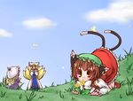  all_fours animal_ears blonde_hair brown_hair bug butterfly cat_ears cat_tail chen earrings flower fox_tail hat insect jewelry long_hair long_sleeves mizutama_(flowering) multiple_girls multiple_tails parasol pillow_hat ribbon short_hair tail tassel touhou umbrella wide_sleeves yakumo_ran yakumo_yukari 