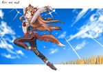  animal_ears brown_hair holo jumping long_hair one_eye_closed petals red_eyes smile solo spice_and_wolf tail tsukino_kitsune wolf_ears 
